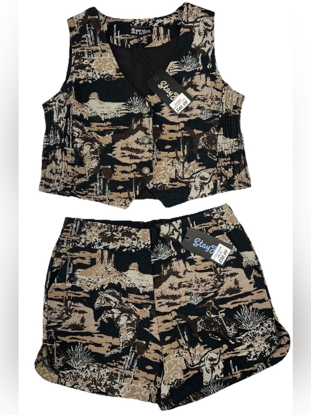 2 Fly Co Cowgirl S Outfit Matching Set Desert Landscape Vest Shorts NWT Rodeo